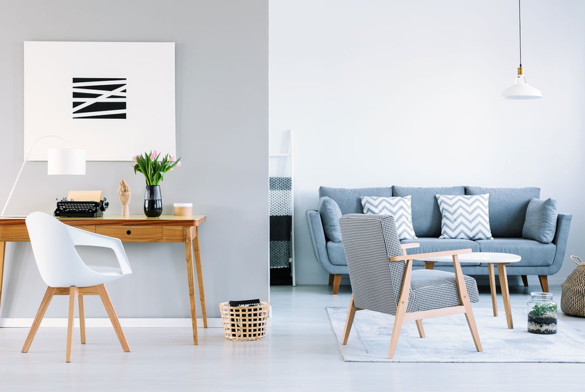 Grey & White Living Room & Workspace