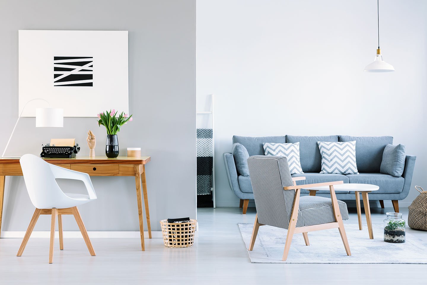 Grey & White Living Room & Workspace